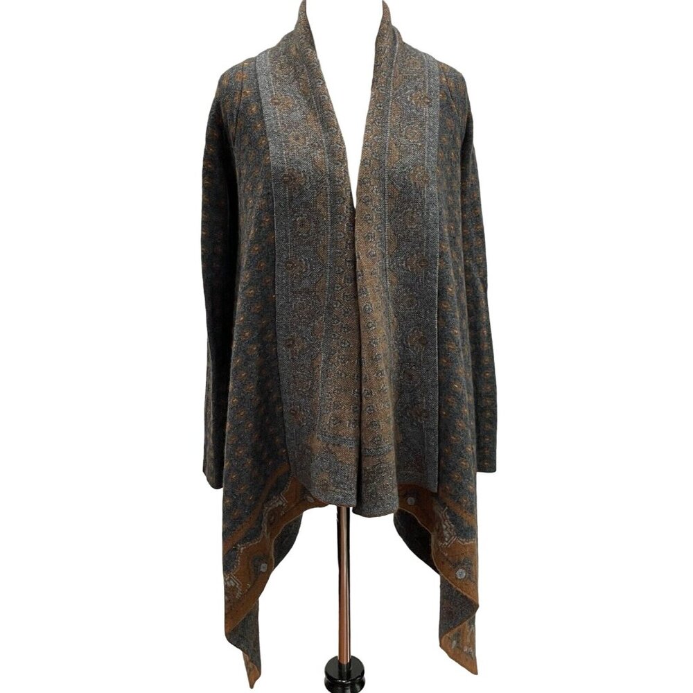 Anthropologie Field Flower Cardigan Sweater Gray Brown Open Front Boho Aztec S